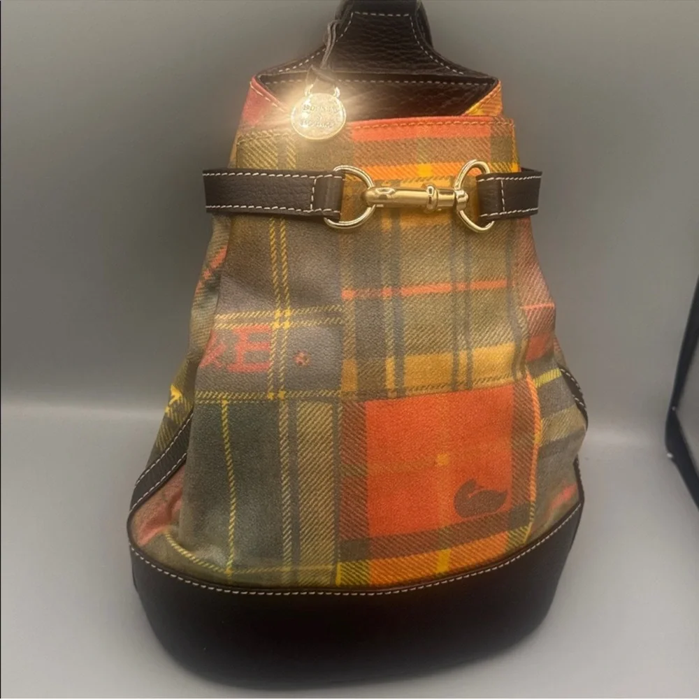 Vintage Dooney Bourke Plaid Bucket Bag Drawstring Equestrian Rare